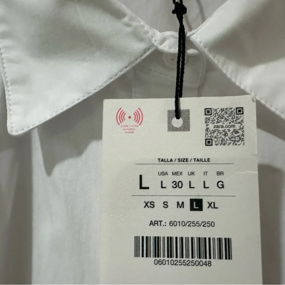 ZARA White Cotton Poplin Balloon Sleeve Top Flared Hem Hidden Button Shirt Large